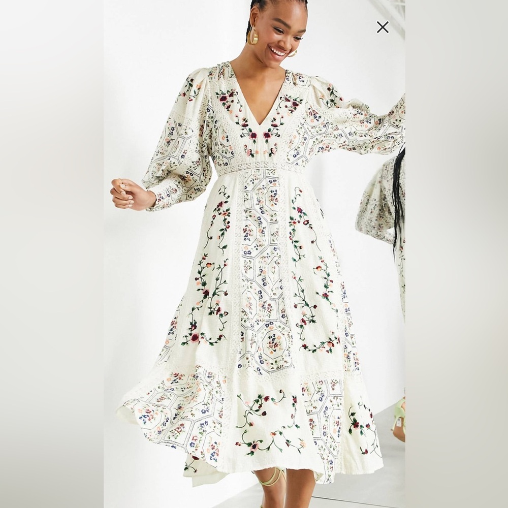 ASOS Floral Embroidered Midi Dress in Cream - Picture 3 of 4